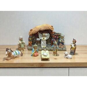 Nativity Set Native American Theme Ceramic Indian 10 Piece Set With Manger
